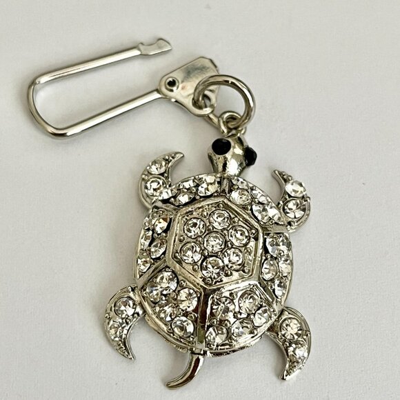 Crystal Sea Turtle Keychain Zipper Pull Purse Charm Backpack Silver Tone Moving - Picture 7 of 10